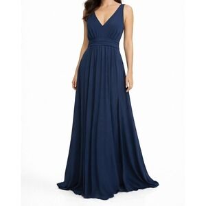 Lulus Navy Blue Maxi Dress V Neck Pleated Flowy Formal Evening Women Size M